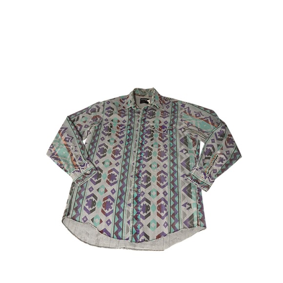 Wrangler Brushpopper Vintage Shirt 16.5 -35 Grey Aztec Southwest Rodeo Checotah - Picture 1 of 10